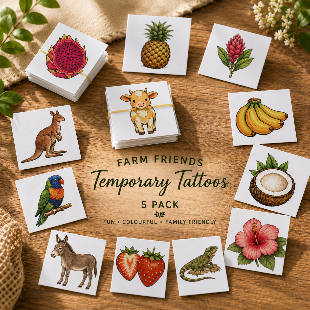 Tropical Fruit World Temporary Tattoos – Pack of 5